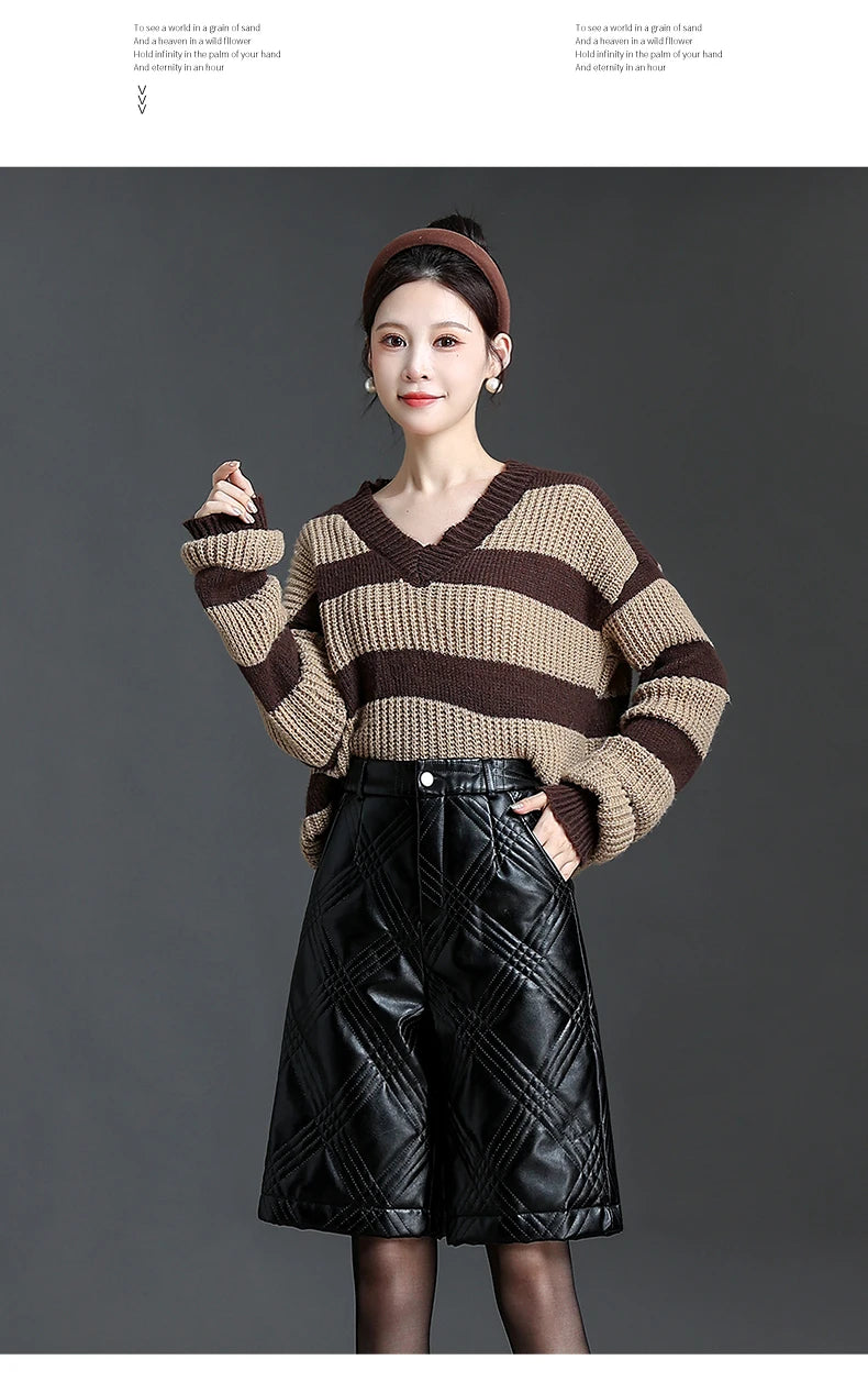 ZUZK  Warm Black PU Leather Thick Bermuda Shorts For Women Winter  Knee Length Shorts Motorcycle Punk High Waist Bermuda Femme