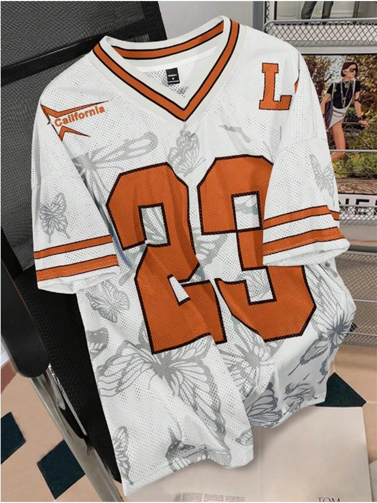 Summer Fashion Butterfly 23 Print TShirt For Women V-Neck Mesh Hole Short Sleeve Sports Football Jersey Y2K Loose Women Clothing