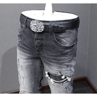 Designer Fashion New High Quality Black Grey Jeans Elastic Slimming Perforated Patch Washed Jeans High Street Hip Hop Brand Pant