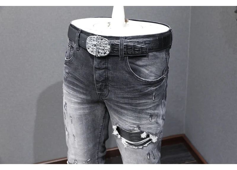 Designer Fashion New High Quality Black Grey Jeans Elastic Slimming Perforated Patch Washed Jeans High Street Hip Hop Brand Pant