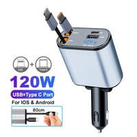 5-in-1 180W Car Fast Charger USB Type-C Power Adapter Retractable Phone Charger With Roof Starlight For IOS Android Phones
