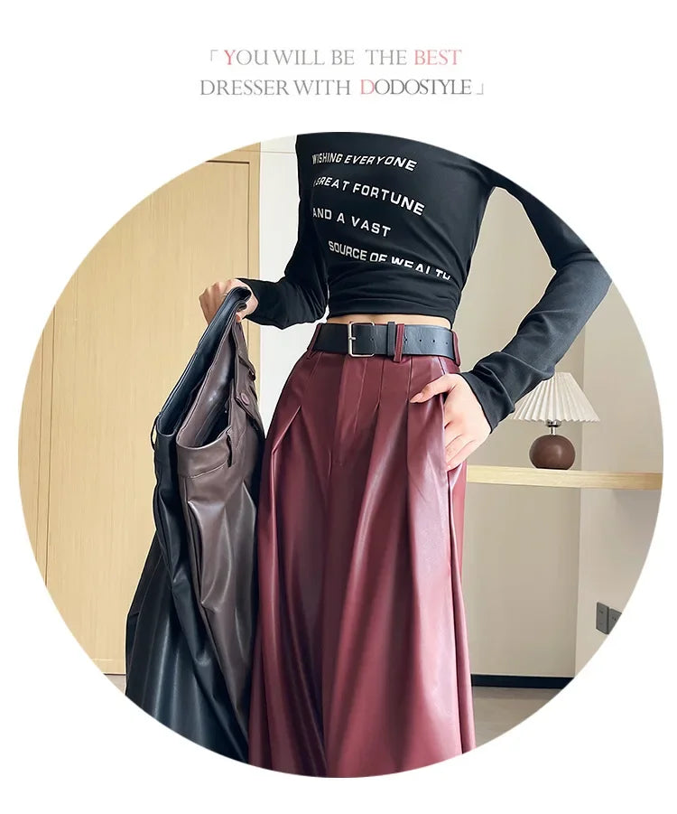 High Waist Wide Leg PU Leather Pants Women's Suit Casual Floor Length Trousers Autumn Winter New Style Loose Fit Long Pants