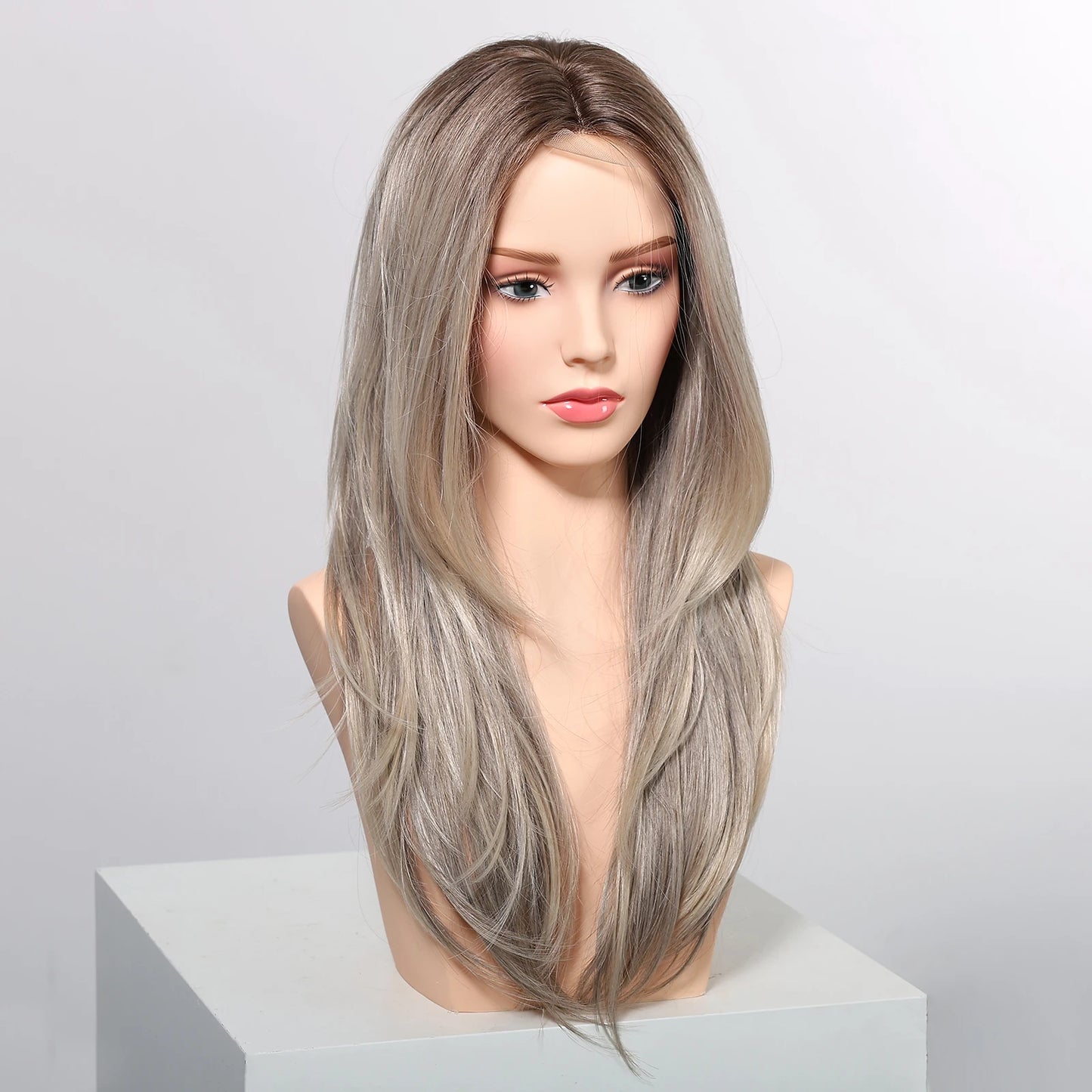 Gray Blonde Synthetic Wigs Dark Root Hairline Lace Frontal Straight Layered Wigs for Women Ladies Daily Use Wigs Heat Resistant