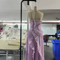 Elegant Purple Halter A Line Prom Gowns Ruffles Tiered Backless Party Gown Summer Vacation Chiffon Long Evening Dress