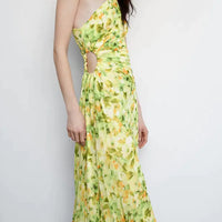 Women Elegant Long Dress Summer Sleeveless One-shoulder Pleated Hollowed Irregular Dress for Cocktail Party Beach Sundress Y2K