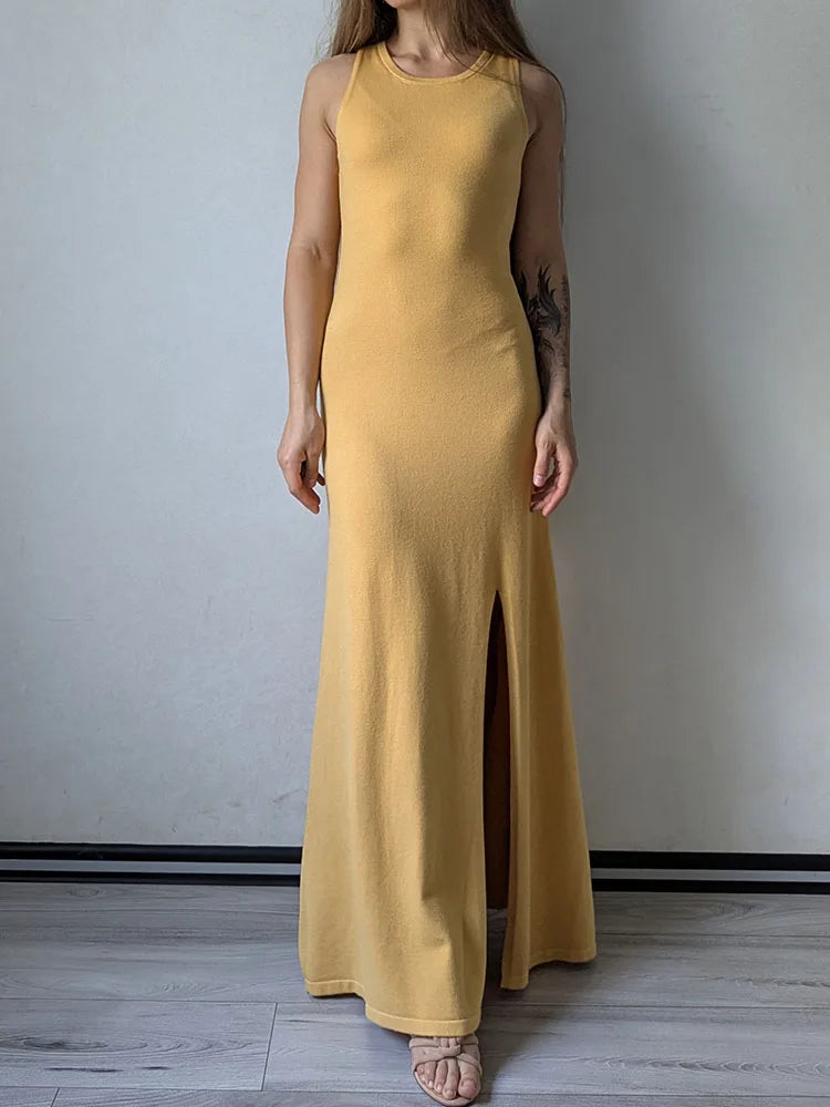 Knit Sleeveless Dresses For Women Long Elegant White High Slit Dress Bodycon Ladies Office Skinny Maxi Tank Rib Dress Female