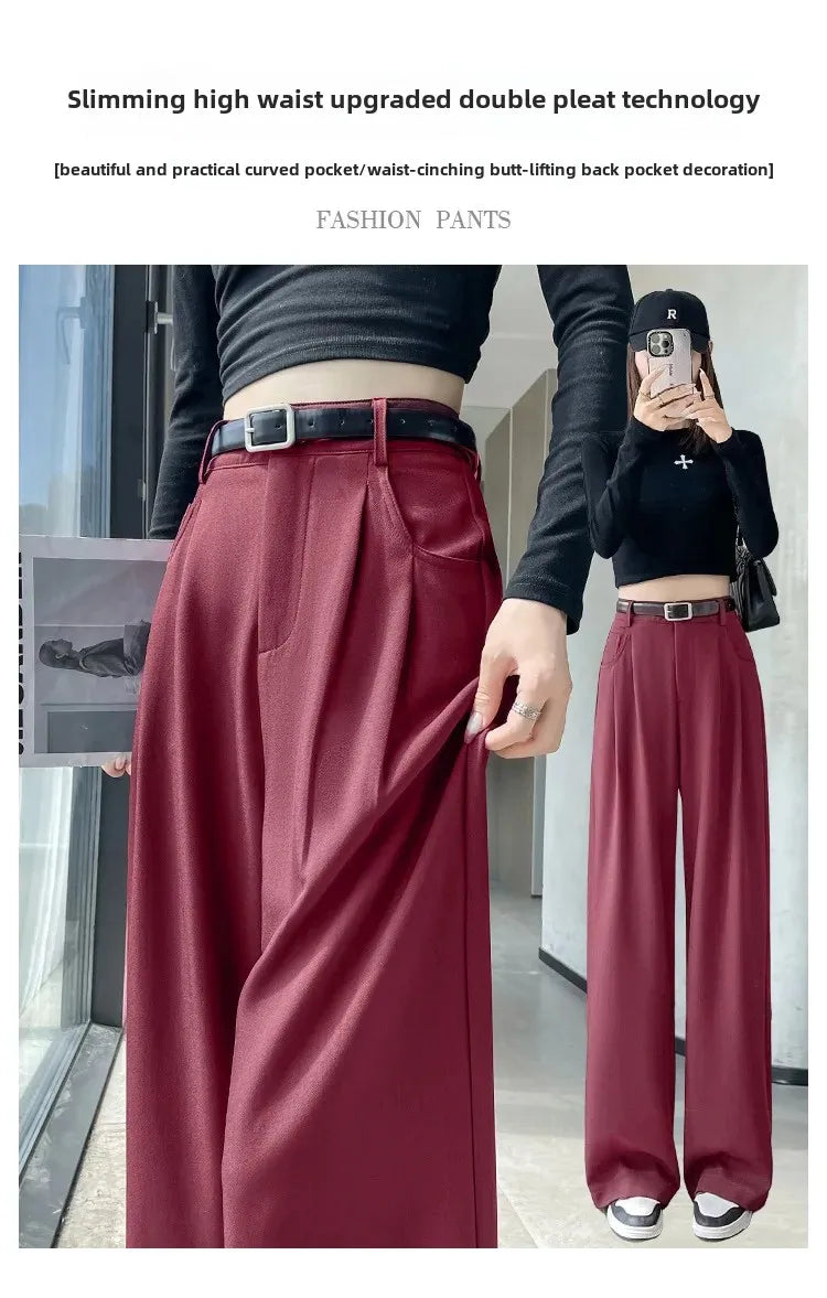 High Waist Slim Fit Straight Leg Suit Pants Wide Leg Casual Trousers Women's Autumn New Arrival Red Color Business Office Wear