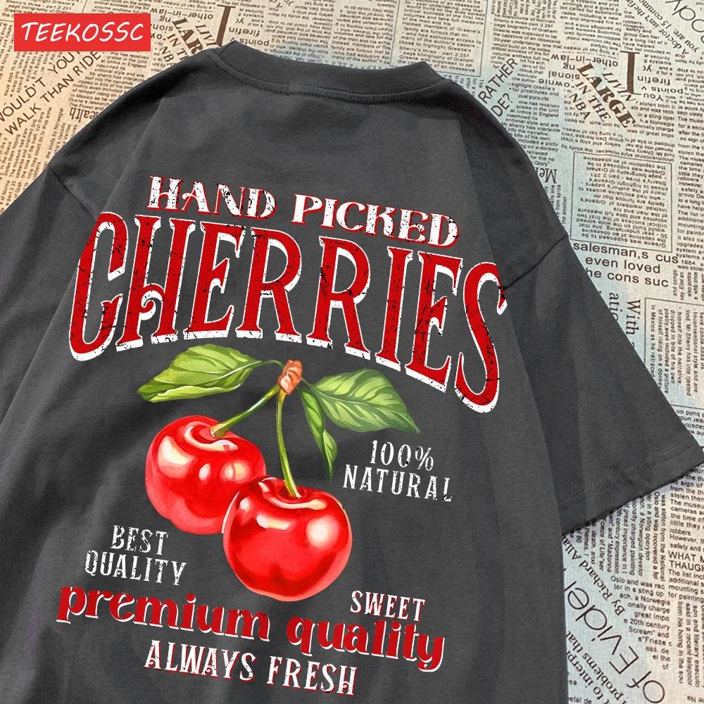 Summer Lemon Cherries Prints T-Shirts Cotton Women's Tops Oversize O-Neck Soft Short Sleeve tees Street Casual Womans Clothes