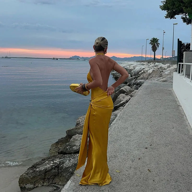 2025 Women Sexy Backless Solid Beach Dress Fashion Lace-Up Waist Slim Satin Long Dress Elegant Round Neck Sleeveless Party Dress