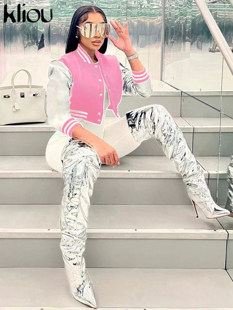 Kliou Letter Shape Patchwork Coats Women Casual Classic Panelled Long Sleeve Single Breasted Croped Jacket Female Street Outwear