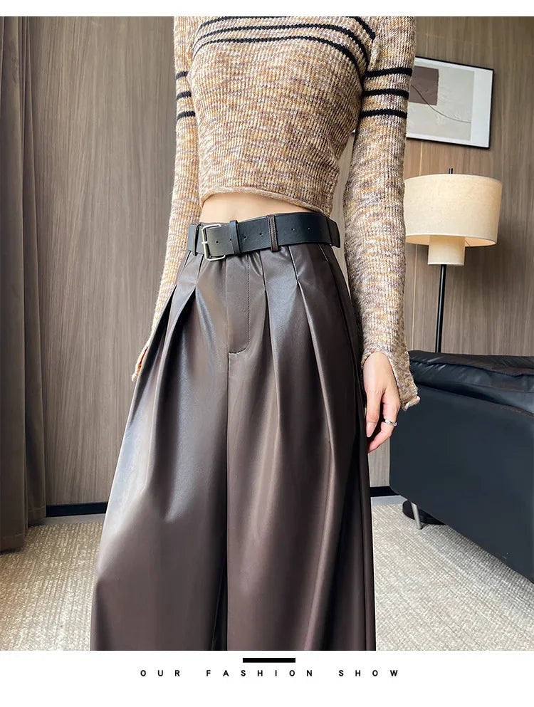High Waist Wide Leg PU Leather Pants Women's Suit Casual Floor Length Trousers Autumn Winter New Style Loose Fit Long Pants