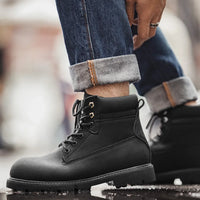 Maden Men's Versatile Black Boots Plush Lining Warmth Shoes Retro Non-Slip Thick Sole Work Boots Outdoor Casual Mid-Calf Boots