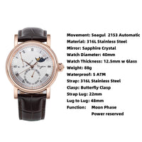Sugess Men Watch Automatic Mechanical Original 2153 Movement Moon Phase Power Reserved Water Resistant Wristwatches Sapphire New