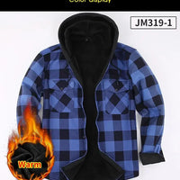Plus Size Men's Hooded Plaid Shirt Warm Fleece Lined And Thickened Top Long Sleeve Outerwear For Autumn/Winter