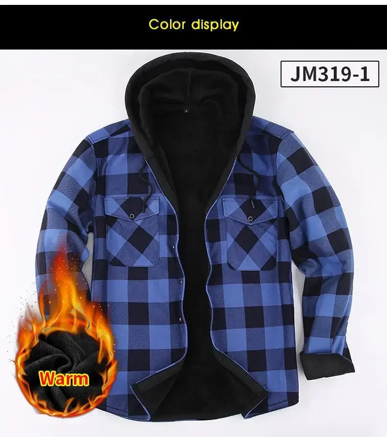 Plus Size Men's Hooded Plaid Shirt Warm Fleece Lined And Thickened Top Long Sleeve Outerwear For Autumn/Winter