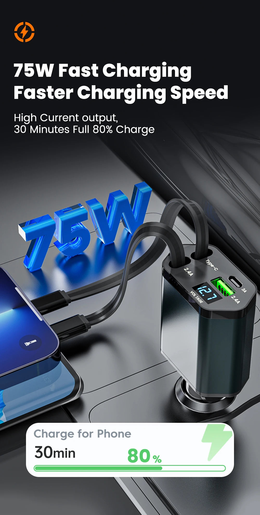 Elough 4 IN 1 Retractable Car Charger Fast Charging USB C To USB C ios Cable Charger USB Type C Car Adapter For iPhone Huawei