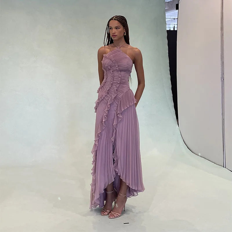 Chic Elegant Lotus Edge Maxi Dress Slim Fit Backless Lace Up Halter Robes Sleeveless Party Vestidos 2025 Nw Lady Vacation Gowns