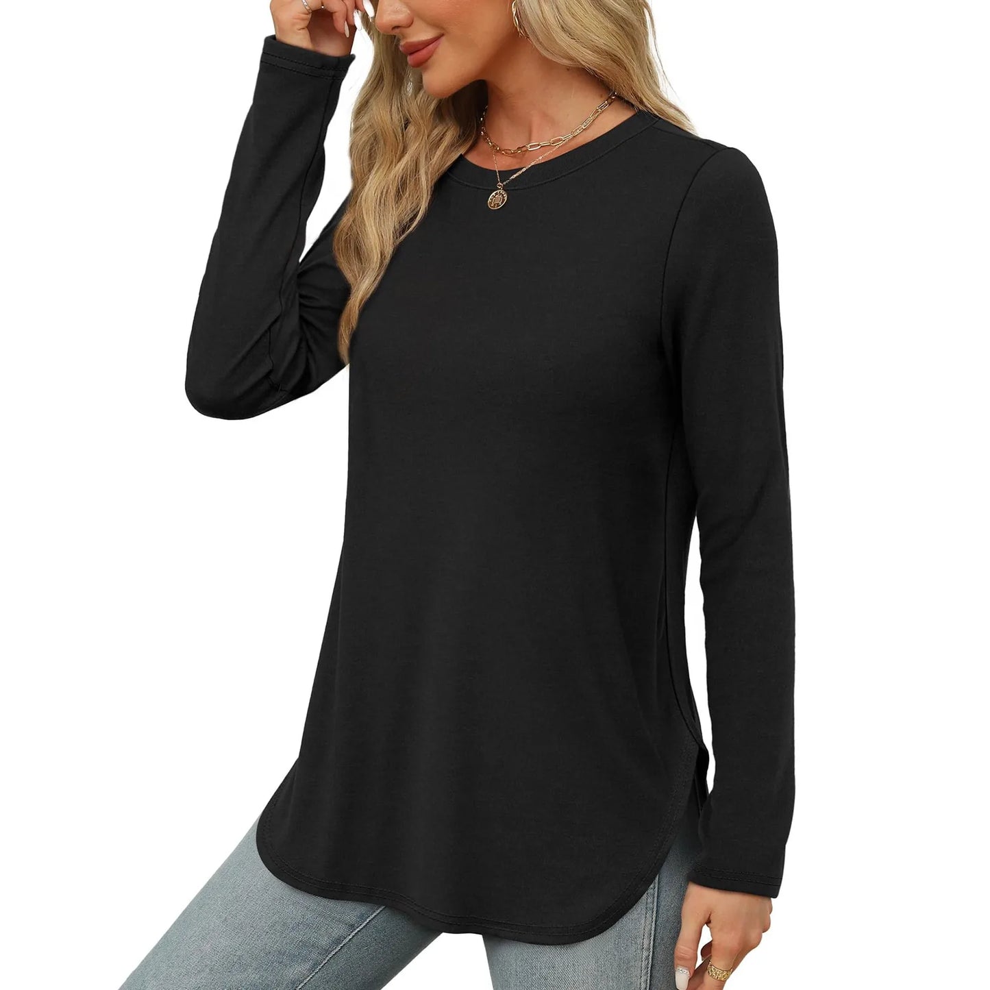 Traf 2024 Mujer Womens Long Sleeve Round Neck Shirts Side Split Basic Loose Tunic Tops Casual Shirts Ropa De Mujer Fashion