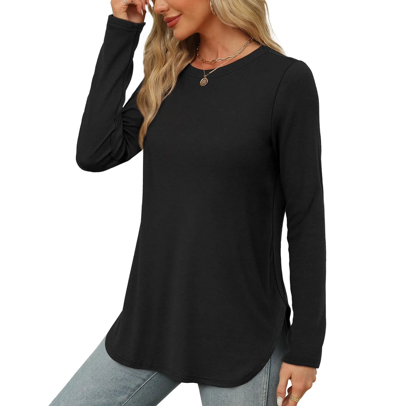 Traf 2024 Mujer Womens Long Sleeve Round Neck Shirts Side Split Basic Loose Tunic Tops Casual Shirts Ropa De Mujer Fashion