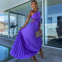 Ardm Elegant Oblique Shoulder Pleated Asymmetric Summer Dresses For Women 2023 Sexy Backelss Hollow Out Party Maxi Dress Vestido