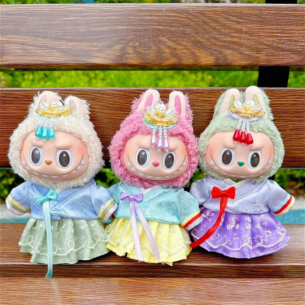 For 15/17cm Labubu Doll Accessories Labubu 3.0 Outfit Korean Traditional Style Dress Set with Hair Clip Doll Clothes