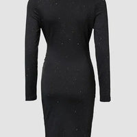 Elegant Black V-Neck Long Sleeve Mini Dress with Glitter Detail - Stretchy Polyester  Ruched Cocktail Party Gown for Women, Cock