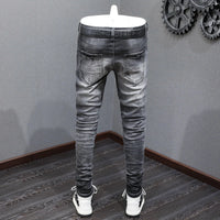 Designer Fashion New High Quality Black Grey Jeans Elastic Slimming Perforated Patch Washed Jeans High Street Hip Hop Brand Pant