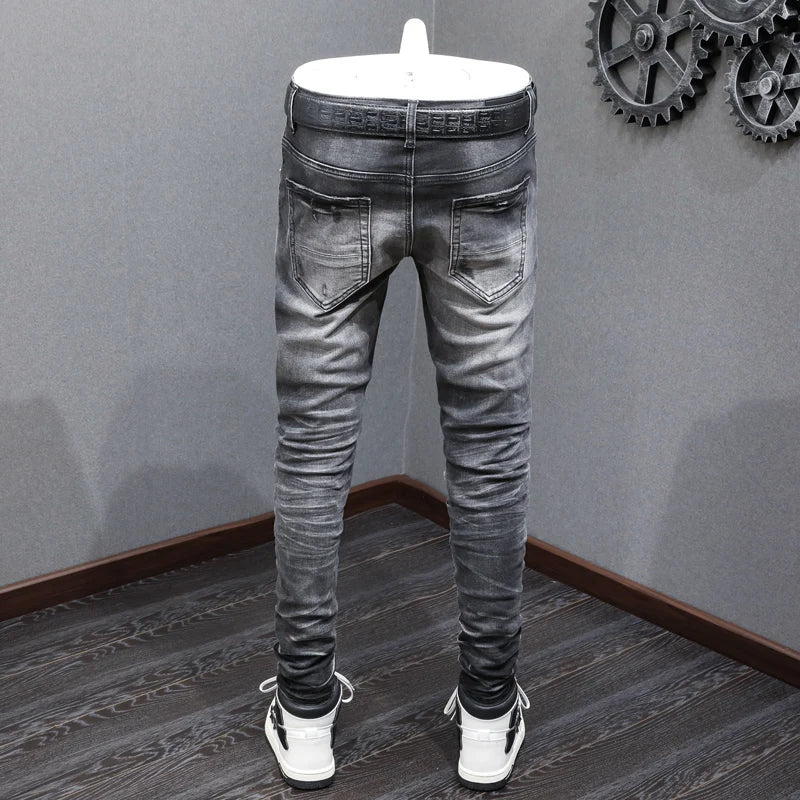 Designer Fashion New High Quality Black Grey Jeans Elastic Slimming Perforated Patch Washed Jeans High Street Hip Hop Brand Pant
