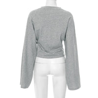 CUTENOVA Women Solid Color Round Neck Front Shoulder Wide Long Sleeves Cinched Waist Slim Top Daily Casual Simple Versatile Tops