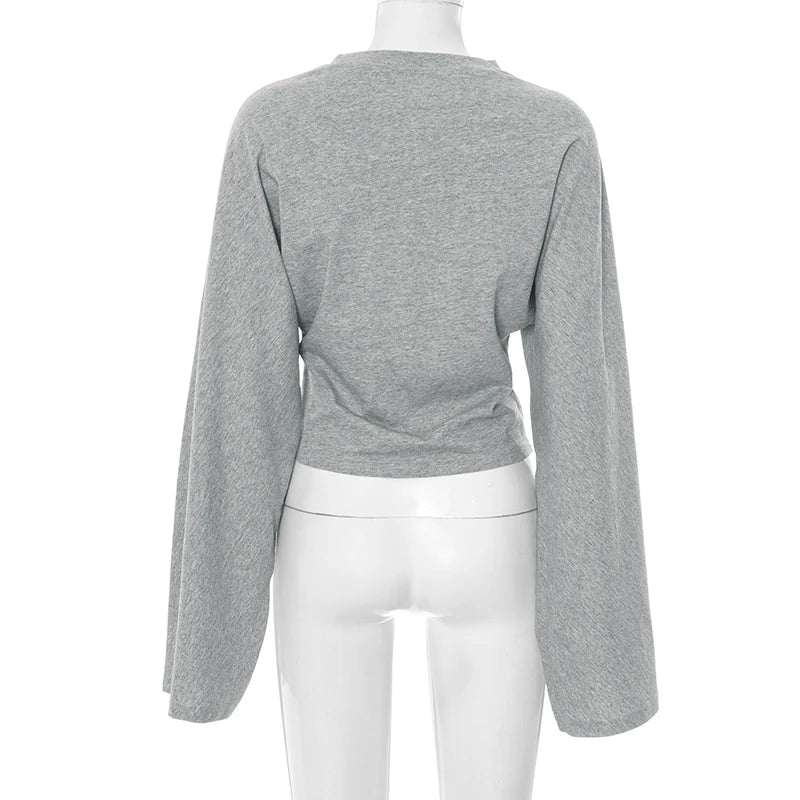 CUTENOVA Women Solid Color Round Neck Front Shoulder Wide Long Sleeves Cinched Waist Slim Top Daily Casual Simple Versatile Tops