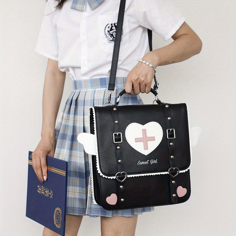 Adorable Kawaii Womens Backpack - Fashion-Forward Flap with Buckles & Rivets Decor - Versatile School or Casual Handbag