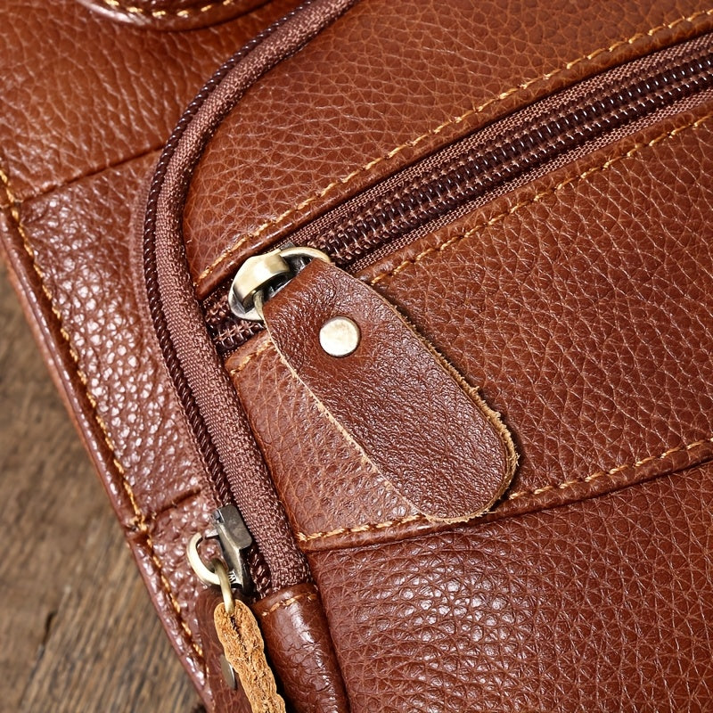 Men's & Women's Genuine Leather Sling Bag - Lightweight Crossbody Messenger Backpack with Shoulder/ Chest Pack, Tactical Daypack for Outdoor Travel Hiking, Solid Color Casual Use - Hand Washable Durable Leather Bag