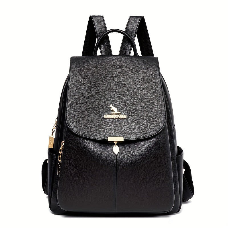 Chic & Stylish Women's Backpack: Solid Faux Leather, Secure Zipper, Metal Accents – Perfect for School and Travel