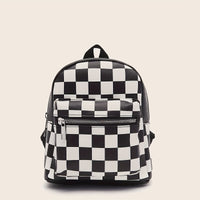 Checkered Backpack For Women, Mini Faux Leather Daypack, Plaid Pattern Travel School Bag