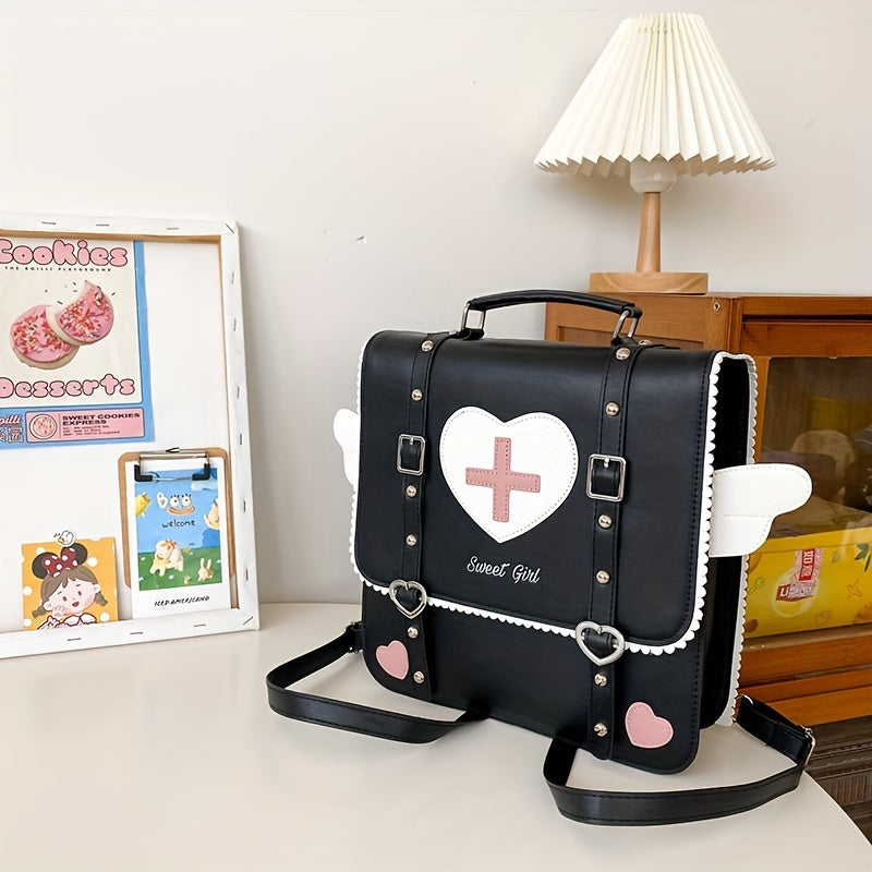 Adorable Kawaii Womens Backpack - Fashion-Forward Flap with Buckles & Rivets Decor - Versatile School or Casual Handbag